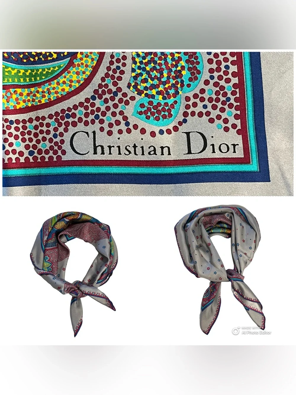 Christian Dior Vintage Silk Scarf Grey Paisley Floral Hand Rolled 30 Square